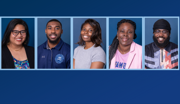 Five portraits on a blue background