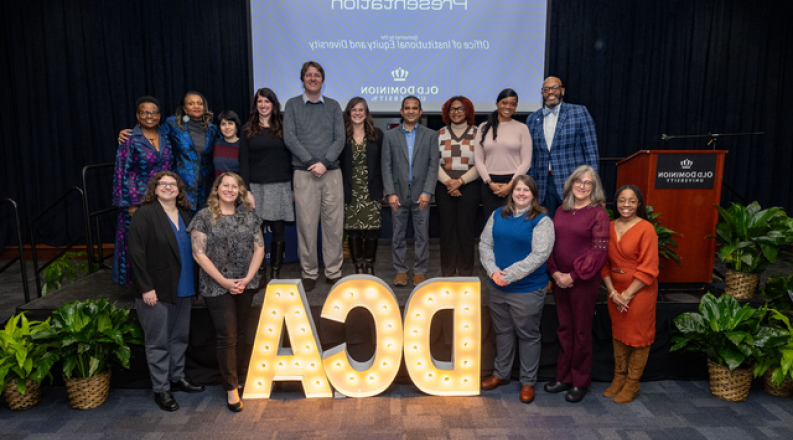 Group photo of the Diversity Champion Award recipients and President Brian O. Hemphill, Veleka Gatling, assistant vice president for Diversity and Inclusive Excellence, and September Sanderlin, vice president for Human Resources, Diversity, Equity and Inclusion.