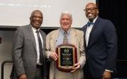 President Hemphill with Professor Jean Delayen and Provost Agho