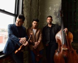 Time for Three promo image shows three men posing for photo with cello.